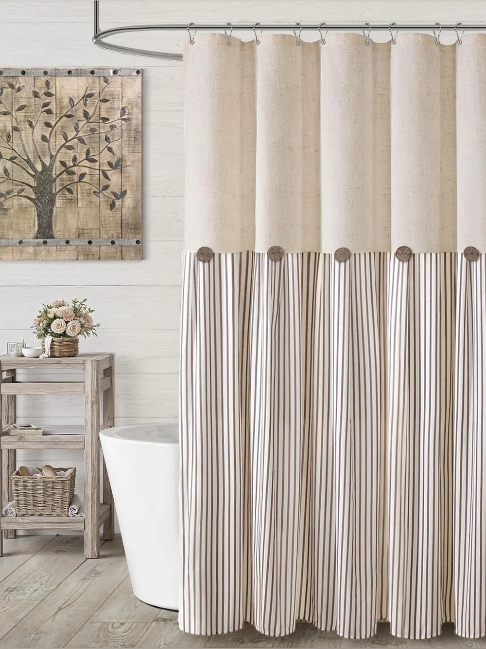 Extra Long Shower Curtains 84”Farmhouse Linen Pleated Brown Stripe 72